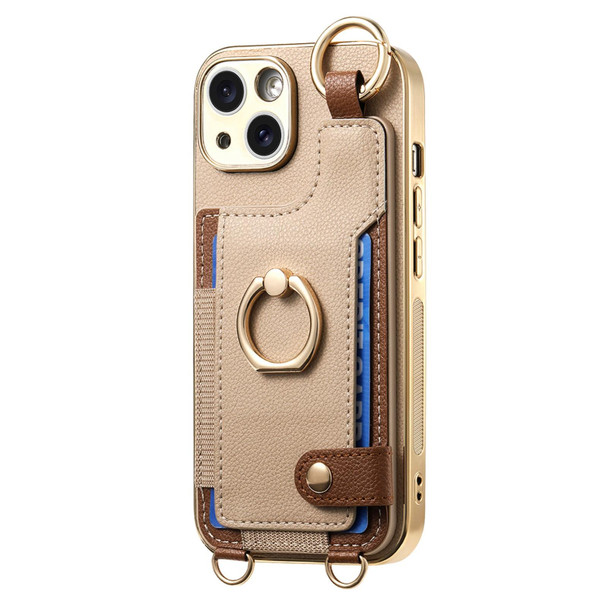 For iPhone 15 Pro Max Fashion Ring Card Bag Phone Case with Hang Loop(Khaki)