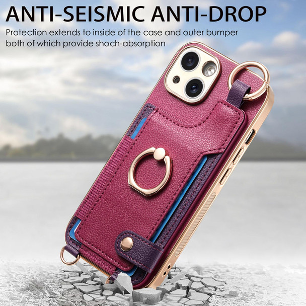 For iPhone 15 Pro Max Fashion Ring Card Bag Phone Case with Hang Loop(Purple)