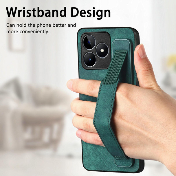 For Realme C21 Retro Wristband Holder Leather Back Phone Case(Green)