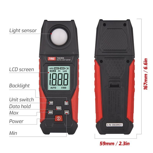 TASI TA630A Integrated Digital Light Meter Illuminance Lux Meter Backlight LCD Display 0.1-200000LUX/0.01-20000FC Light Sensor Tester