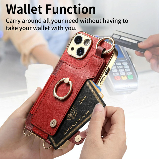 For iPhone 15 Pro Max Fashion Ring Card Bag Phone Case with Hang Loop(Red)