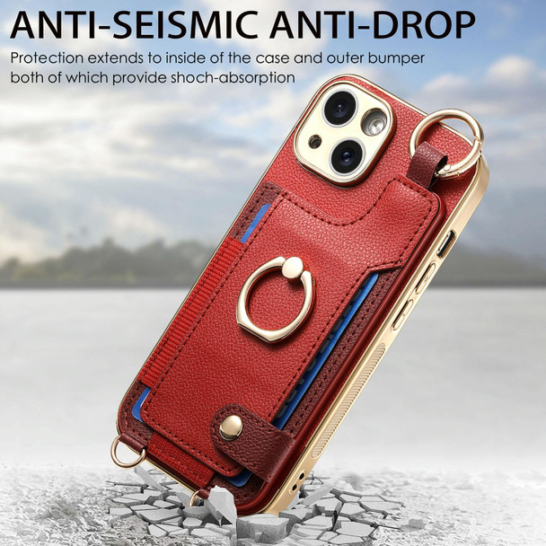 For iPhone 15 Pro Max Fashion Ring Card Bag Phone Case with Hang Loop(Red)