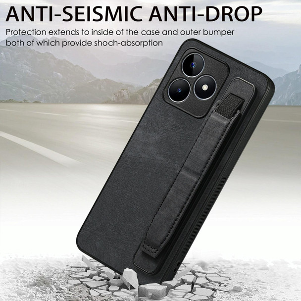 For Realme C30S Retro Wristband Holder Leather Back Phone Case(Black)