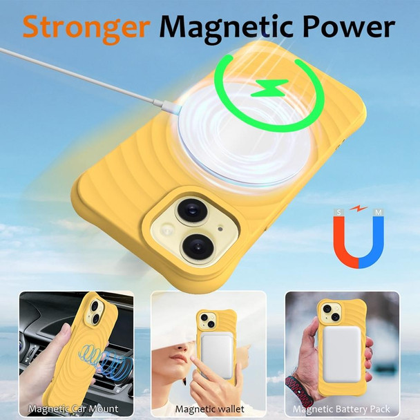 For iPhone 14 Plus Wave Texture MagSafe Magnetic Liquid Silicone Phone Case(Yellow)