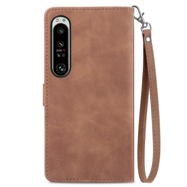 For Sony Xperia 1 IV Embossed Flower Zipper Leather Phone Case(Brown)