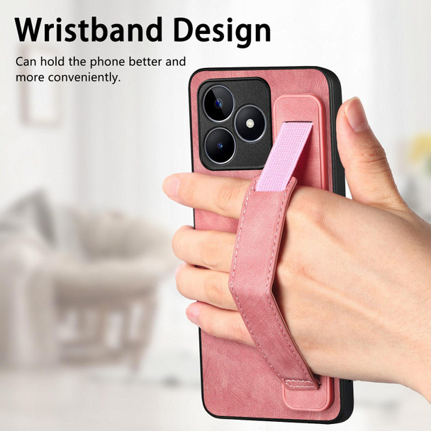 For Realme C21Y Retro Wristband Holder Leather Back Phone Case(Pink)