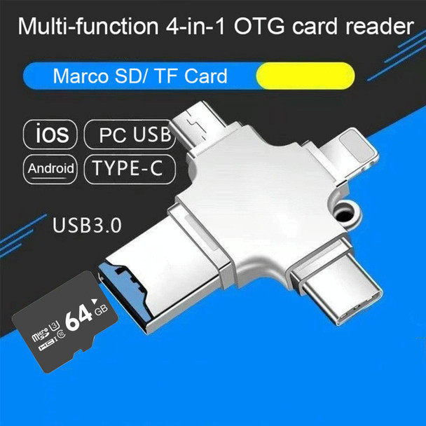 4 in 1 USB-C / Type-C  USB 2.0 + Micro USB + 8 Pin Adapter TF Card Reader, Memory Card:64GB(Sliver)