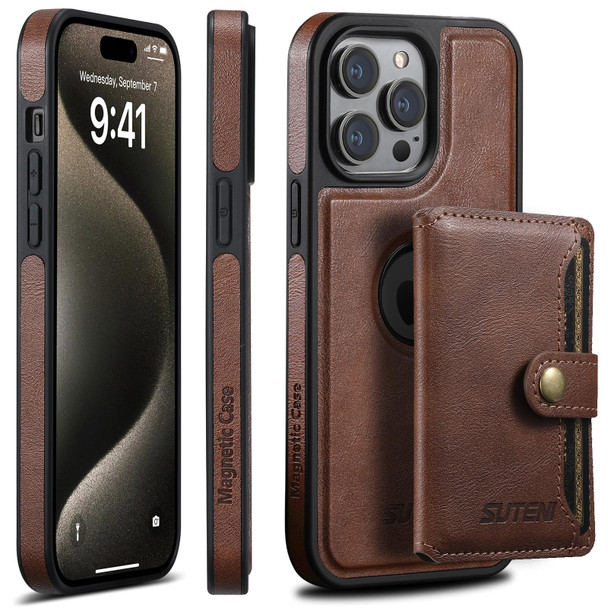 For iPhone 13 Pro Max Suteni M1 Oil Wax MagSafe Detachable Horizontal Card Bag Phone Case(Brown)