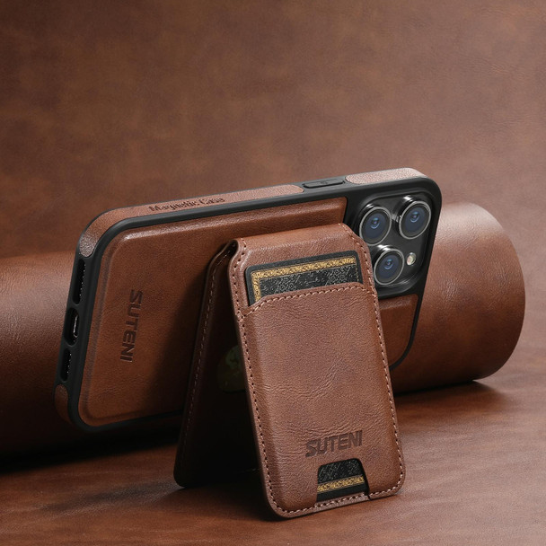 For iPhone 14 Plus Suteni M2 Oil Wax MagSafe Horizontal Card Bag Phone Case(Brown)