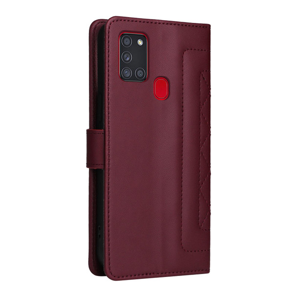 For Samsung Galaxy A21s Diamond Lattice Leather Flip Phone Case(Wine Red)