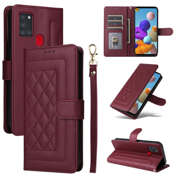 For Samsung Galaxy A21s Diamond Lattice Leather Flip Phone Case(Wine Red)