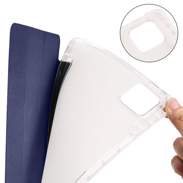 For iPad Pro 11 2024 3-fold Clear TPU Smart Leather Tablet Case with Pen Slot(Dark Blue)