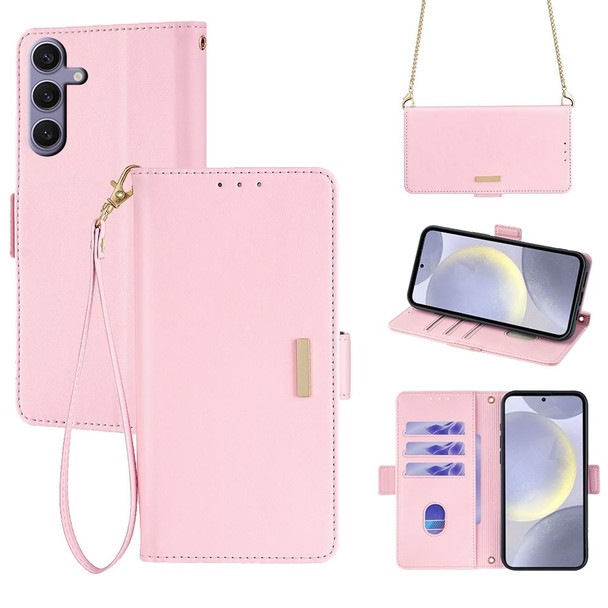 For Samsung Galaxy A55 5G Crossbody Chain Leather Phone Case(Pink)