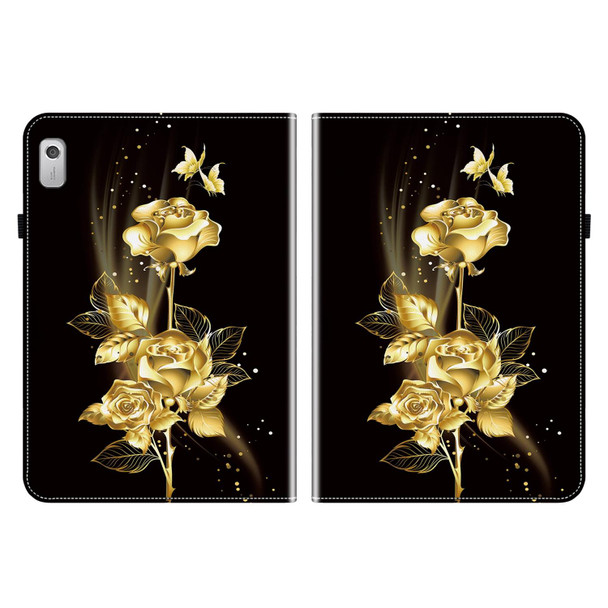 For Lenovo Tab M9 Crystal Texture Painted Leather Tablet Case(Gold Butterfly Rose)