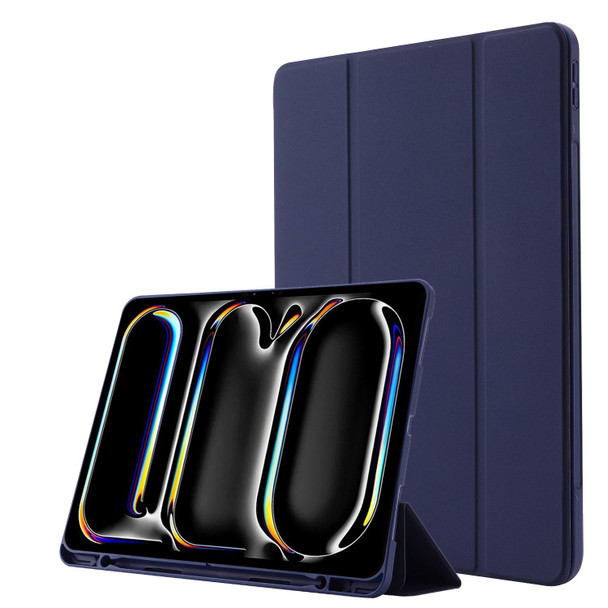 For iPad Pro 13 2024 Skin Feel Tri-fold Leather Tablet Case with Pen Slot(Dark Blue)