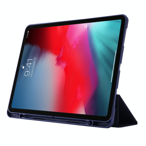 For iPad Air 11 2024 Skin Feel Tri-fold Leather Tablet Case with Pen Slot(Dark Blue)