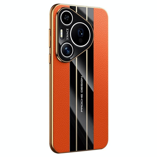 For Huawei Pura 70 Electroplated Paint Hybrid Frame Genuine Leather Phone Case(Orange)