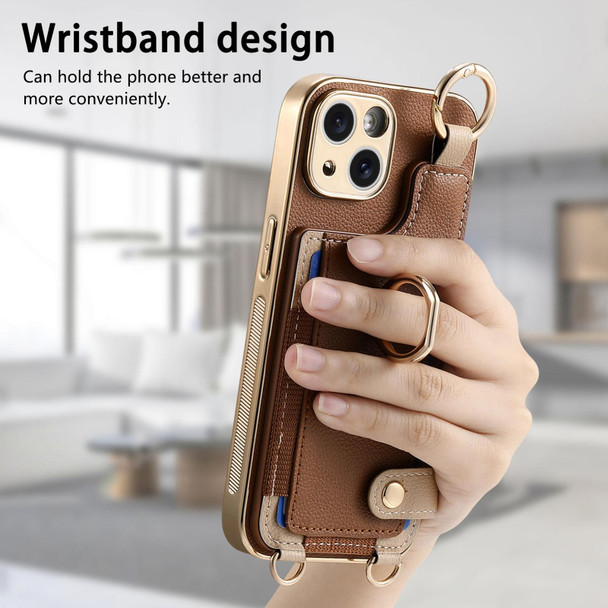 For iPhone 15 Pro Max Fashion Ring Card Bag Phone Case with Hang Loop(Brown)