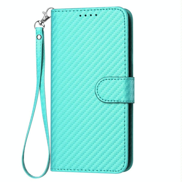 For iPhone 15 Pro Max YX0070 Carbon Fiber Buckle Leather Phone Case with Lanyard(Light Blue)