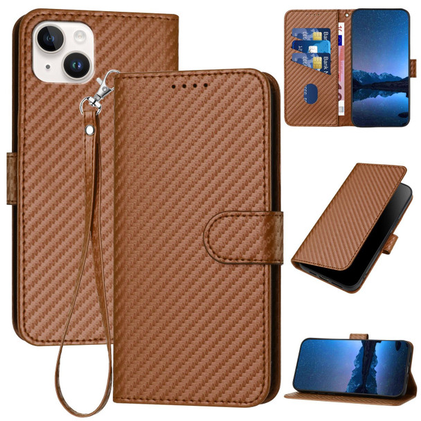 For iPhone 14 Plus YX0070 Carbon Fiber Buckle Leather Phone Case with Lanyard(Coffee)