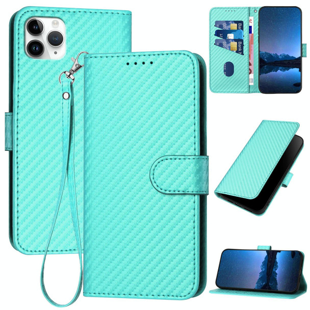 For iPhone 11 Pro Max YX0070 Carbon Fiber Buckle Leather Phone Case with Lanyard(Light Blue)