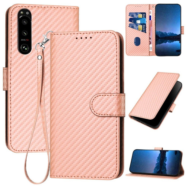 For Sony Xperia 5 III YX0070 Carbon Fiber Buckle Leather Phone Case with Lanyard(Pink)