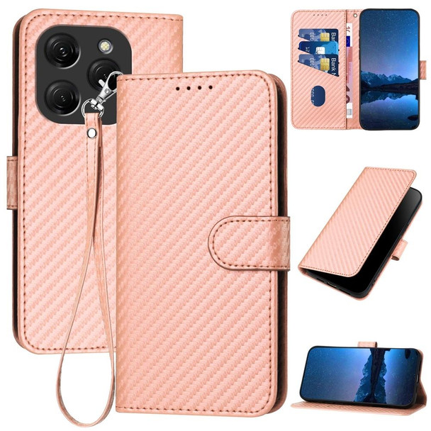 For Tecno Spark 20 Pro YX0070 Carbon Fiber Buckle Leather Phone Case with Lanyard(Pink)