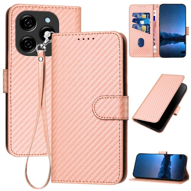 For Tecno Spark 20 YX0070 Carbon Fiber Buckle Leather Phone Case with Lanyard(Pink)