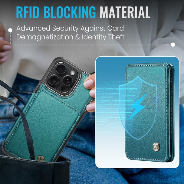 For iPhone 15 Pro JEEHOOD J05 Business Magnetic Style RFID Leather Phone Case(Blue Green)