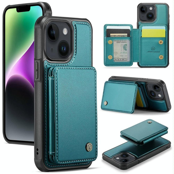 For iPhone 14 Plus JEEHOOD J05 Business Magnetic Style RFID Leather Phone Case(Blue Green)