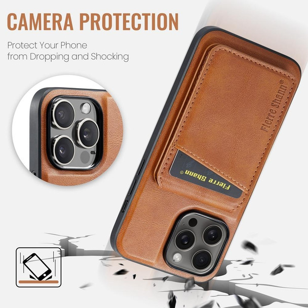 For iPhone 14 Pro Max Fierre Shann Oil Wax Cow Leather Magnetic Card Holder Phone Case(Brown)