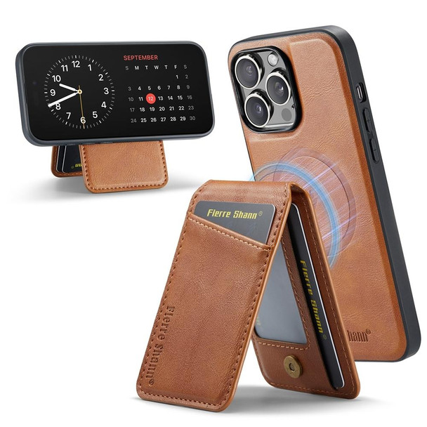 For iPhone 13 Pro Fierre Shann Oil Wax Cow Leather Magnetic Card Holder Phone Case(Brown)