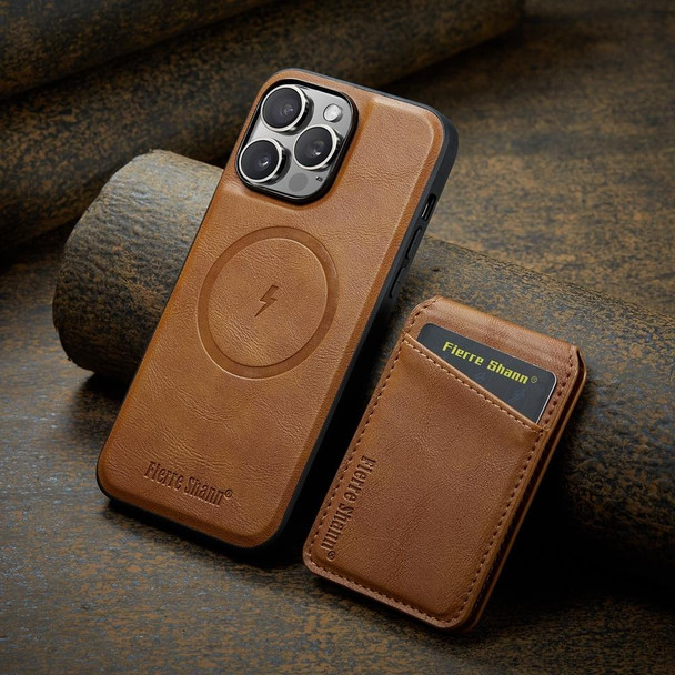 For iPhone 15 Pro Fierre Shann Oil Wax Cow Leather Magnetic Card Holder Phone Case(Brown)