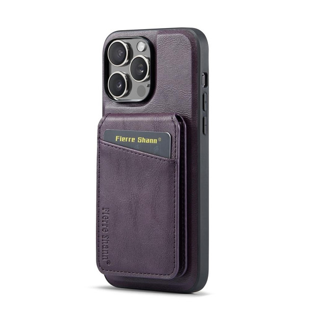 For iPhone 13 Pro Fierre Shann Oil Wax Cow Leather Magnetic Card Holder Phone Case(Purple)