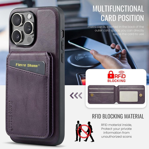 For iPhone 12 Pro Max Fierre Shann Oil Wax Cow Leather Magnetic Card Holder Phone Case(Purple)
