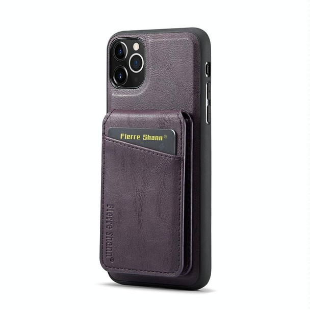 For iPhone 11 Pro Max Fierre Shann Oil Wax Cow Leather Magnetic Card Holder Phone Case(Purple)