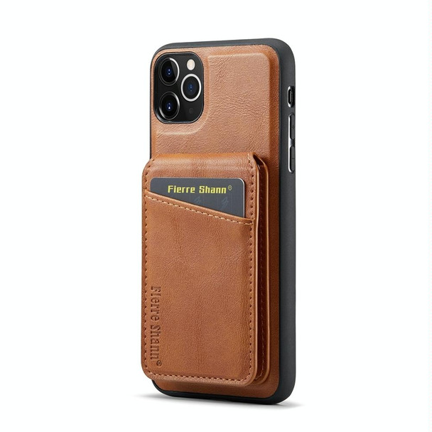 For iPhone 11 Pro Max Fierre Shann Oil Wax Cow Leather Magnetic Card Holder Phone Case(Brown)