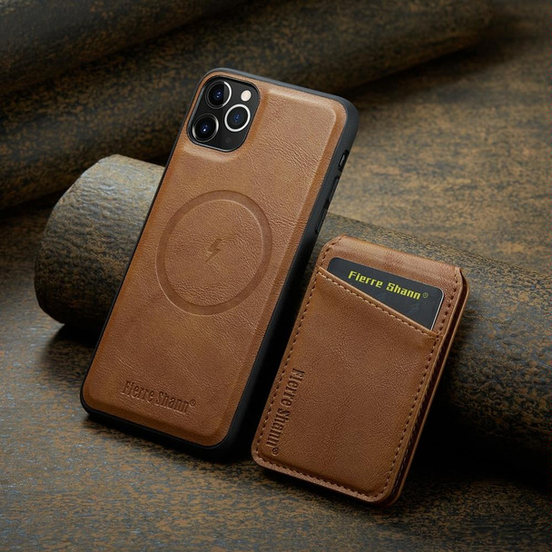 For iPhone 11 Pro Max Fierre Shann Oil Wax Cow Leather Magnetic Card Holder Phone Case(Brown)