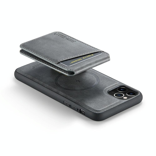 For iPhone 11 Pro Max Fierre Shann Oil Wax Cow Leather Magnetic Card Holder Phone Case(Grey)