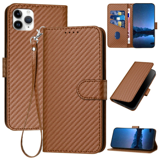 For iPhone 11 Pro Max YX0070 Carbon Fiber Buckle Leather Phone Case with Lanyard(Coffee)