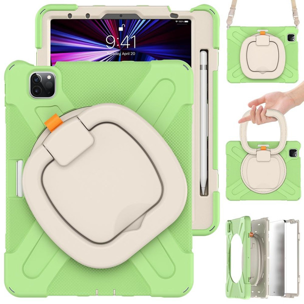 For iPad Air 11 2024 Silicone Hybrid PC Tablet Case with Holder & Shoulder Strap(Matcha Green)