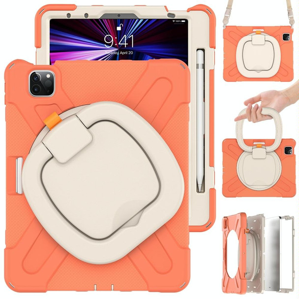 For iPad Pro 11 2024 Silicone Hybrid PC Tablet Case with Holder & Shoulder Strap(Coral Orange)