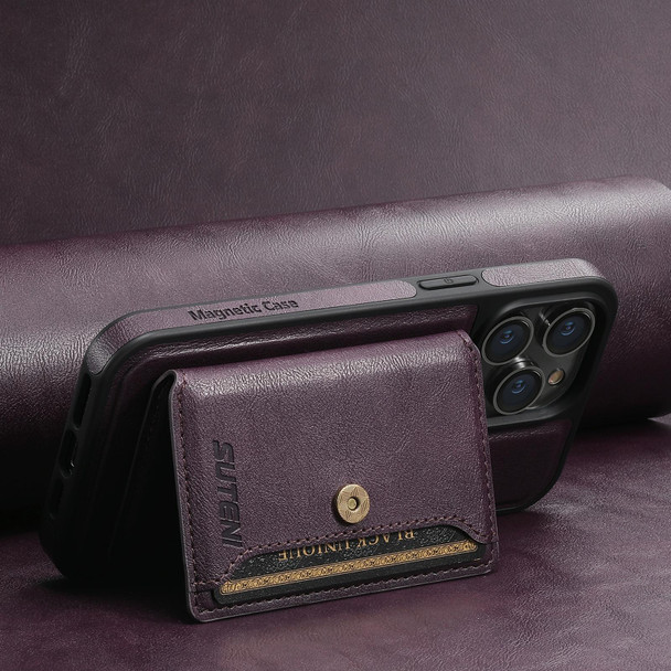For iPhone 14 Pro Suteni M1 Oil Wax MagSafe Detachable Horizontal Card Bag Phone Case(Purple)