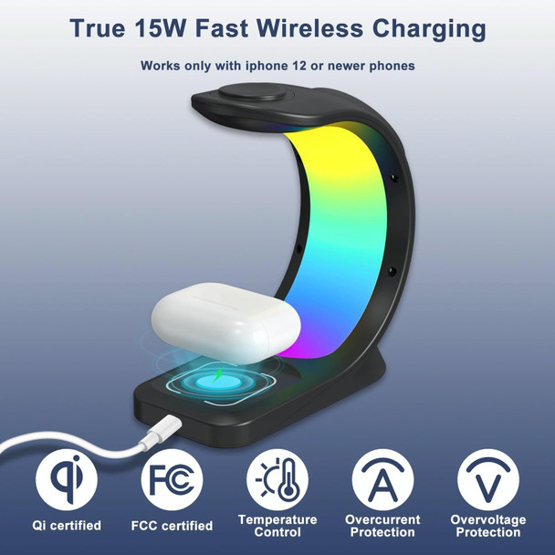 T17 3-in-1 RGB Atmosphere Light MagSafe Phone Watch Earphone Wireless Charger, Color: White with UK Plug