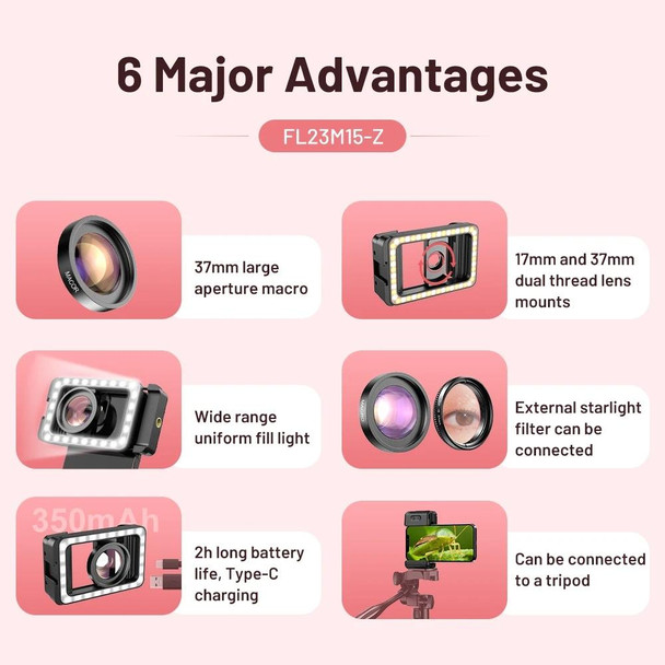 APEXEL 15X  Macro Lens With LED Fill Light Phone Holder Clamp