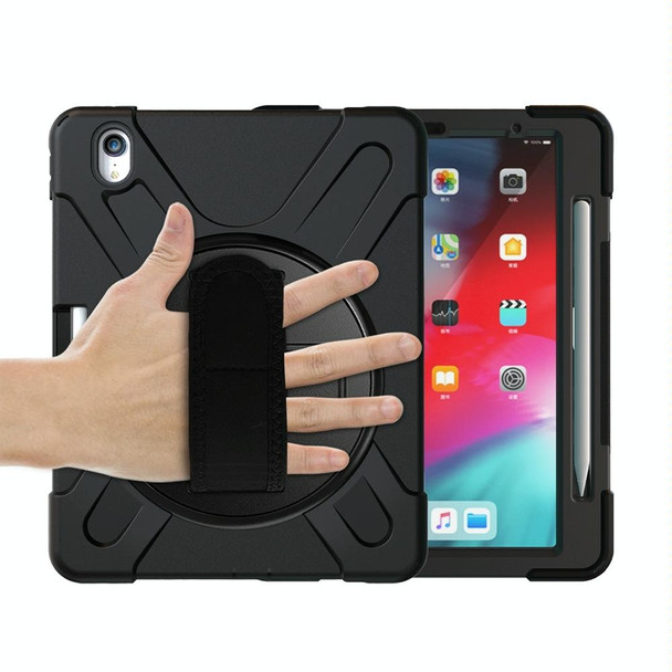 For iPad Air 11 2024 Rotatable Holder Silicone Hybrid PC Tablet Case with Shoulder Strap(Black)