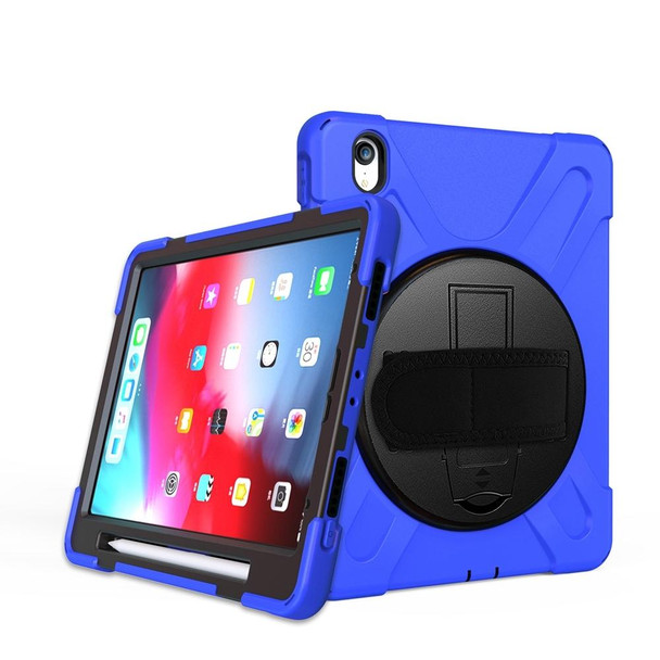 For iPad Air 11 2024 Rotatable Holder Silicone Hybrid PC Tablet Case with Shoulder Strap(Blue)