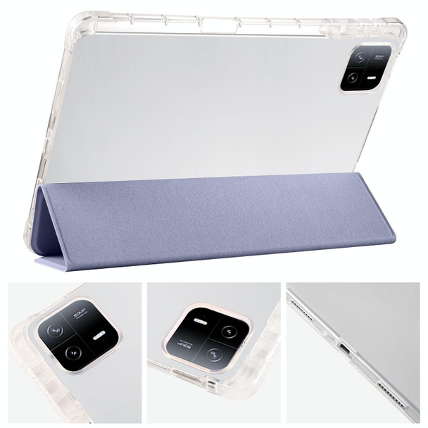 For iPad Pro 11 2024 3-fold Clear TPU Smart Leather Tablet Case with Pen Slot(Lavender Purple)