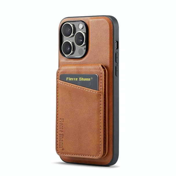 For iPhone 14 Pro Fierre Shann Oil Wax Cow Leather Magnetic Card Holder Phone Case(Brown)