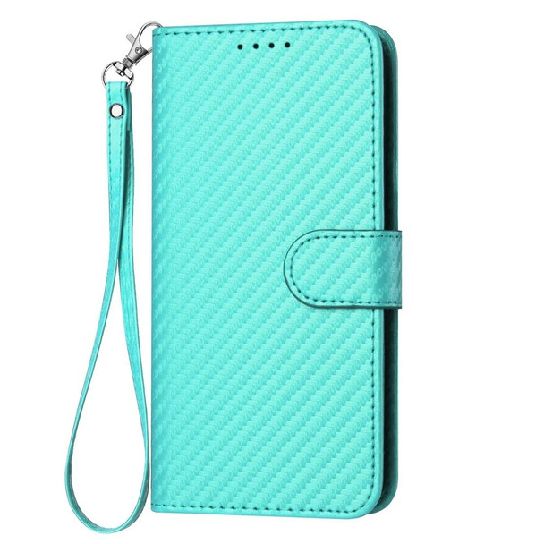 For iPhone 15 Plus YX0070 Carbon Fiber Buckle Leather Phone Case with Lanyard(Light Blue)